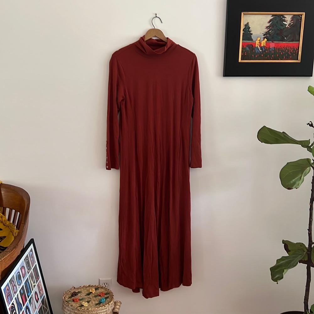 Soft Surroundings Women Red Long Sleeve Velvet Turtleneck Santiago Maxi Dress S
